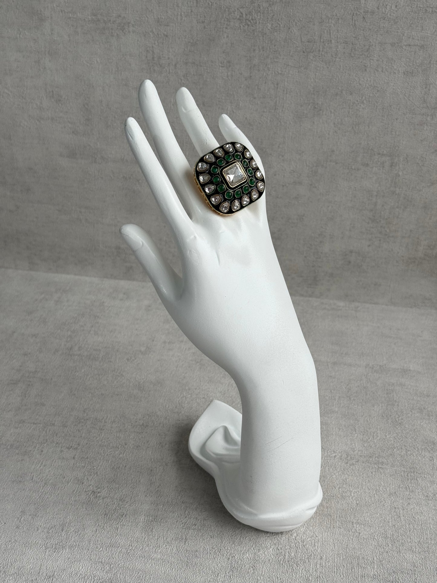 Ayura Designs Arzoo Adjustable Ring – Mirror-Cut Stone Centre with Emerald Green Stones, Green Enamel & Crystal Detailing