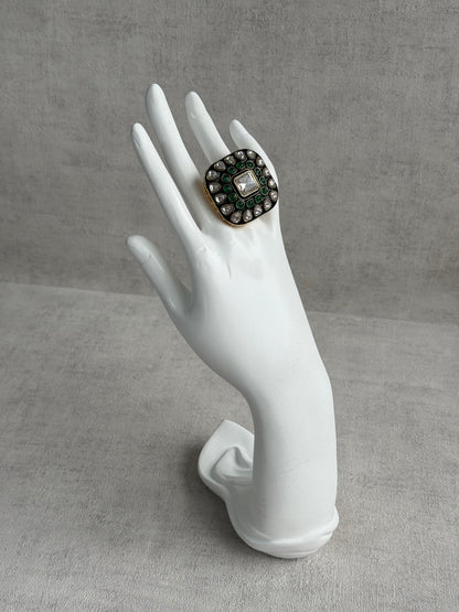 Ayura Designs Arzoo Adjustable Ring – Mirror-Cut Stone Centre with Emerald Green Stones, Green Enamel & Crystal Detailing
