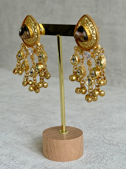 Ayura Designs Arheer Earrings – Onyx & Bronze Marble with Kundan Detailing & Antique Gold Ghungroos