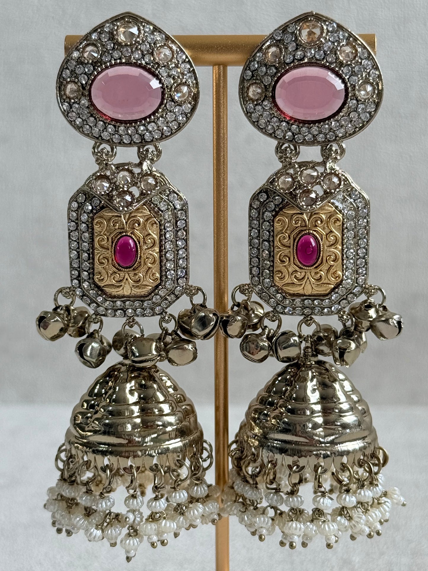 Ayura Designs Maara Jhumkis – Champagne Gold with Rose Pink & Rani Pink Stones, Crystals, Ghungroos & Pearl Detailing