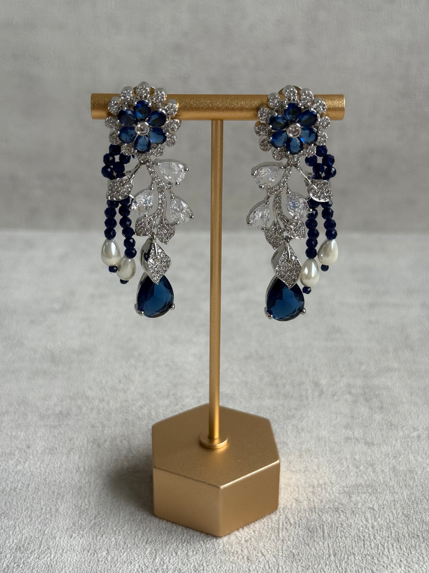 Ayura Designs Chloe Set – Silver Necklace & Earrings with Sapphire Stones, Pearls & Moissanite Detailing
