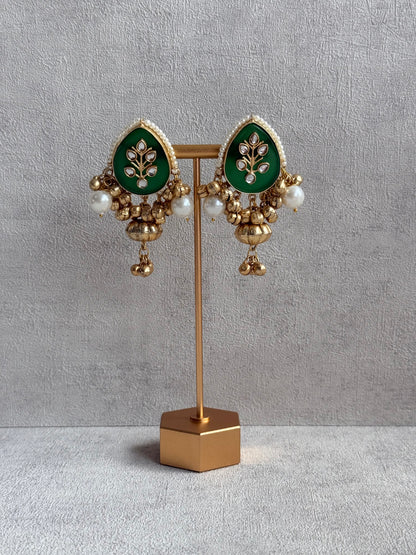 Ayura Designs Zaqsh Collar Necklace Set with Earrings – Antique Gold Peacock Pendant with Emerald Green Stones & Pearl Detailing