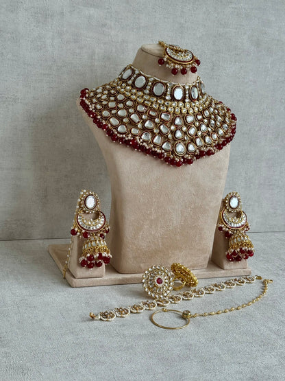 Ayura Designs Gulbadan Bridal Set with Necklace, Jhumkis, Tikka, Nath, Ring & Sheeshphool – Jadau Kundan Craftsmanship with Mirror-Cut Polki, Ruby Red Stones & Antique Gold Finish
