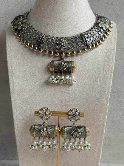 Ayura Designs Taal Necklace Set with Earrings & Tikka – Dual Tone Oxidised Mesh Necklace with Barrel Motifs & Pearl Detailing
