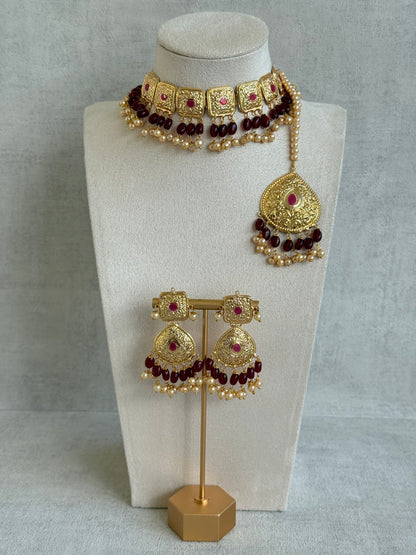 Ayura Designs Chetna Choker Set with Earrings & Tikka – Maroon Beads, Cream Pearl Drops with Pipal Patti Detailing
