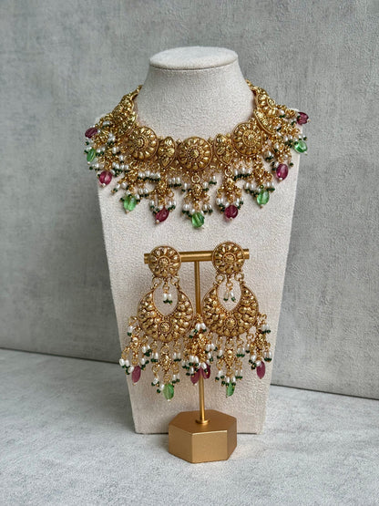 Ayura Designs Rummy Set – Opulent Gold Adornment with Radiant Pink, Green & White Beads | Includes Earrings & Tikka