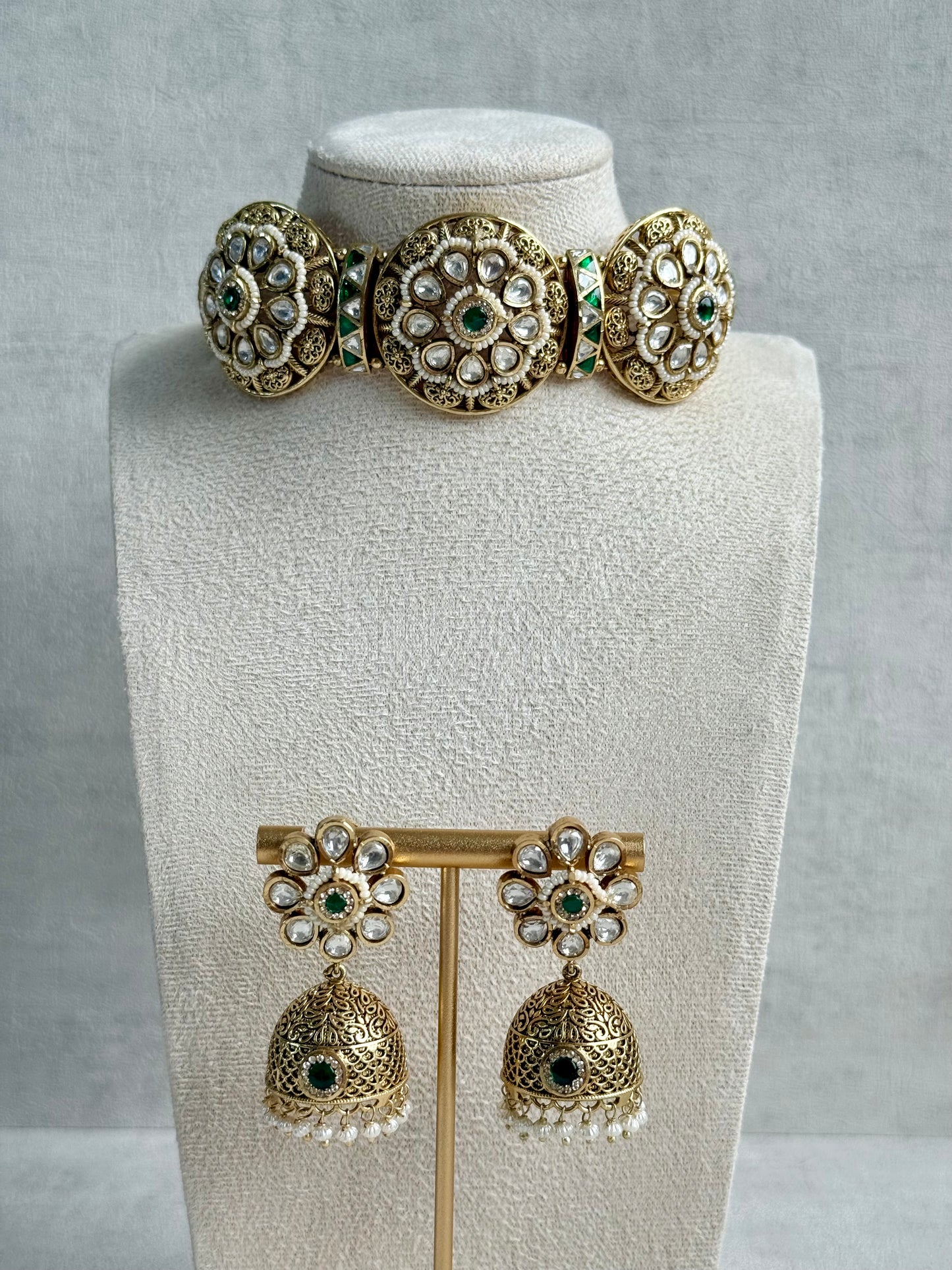 Ayura Designs Tanu Choker Set – Antique Gold Choker & Jhumkis with Ruby & Emerald Kundan and Pearl Borders