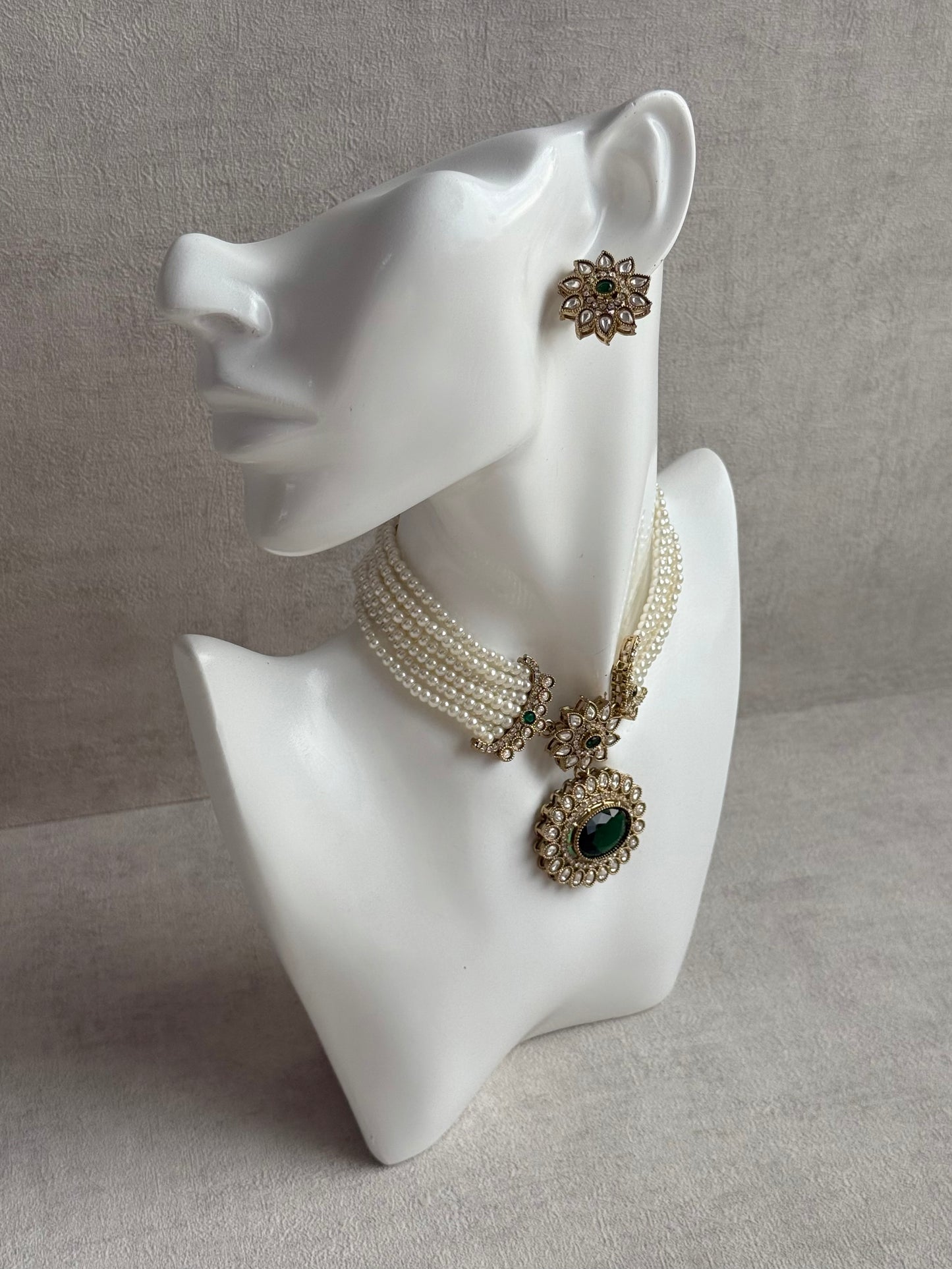 Ayura Designs Amaya Necklace Set with Studs – Antique Finish in Emerald Green Stones with Pearl Strands