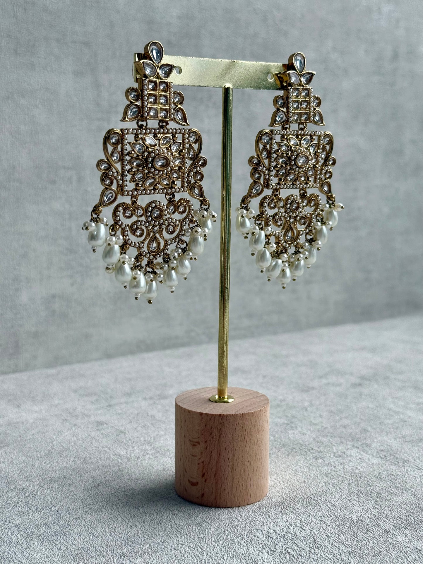 Ayura Designs Arwa Earrings – Antique Gold Finish with Mirror-Cut Stones & Ivory Pearl Drops