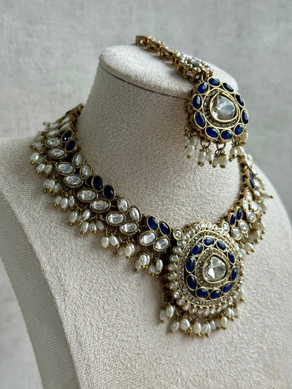 Ayura Designs Warda Set with Earrings & Tikka – Ink Blue Ovals, Mirror-Cut Stones & Ivory Pearls