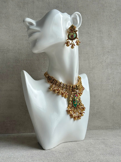Ayura Designs Divya Set – Antique Gold Choker with Green Meenakari, Ruby Stones & Pearl Detailing