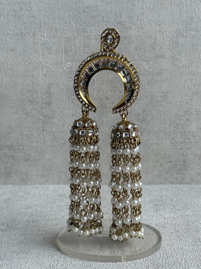 Ayura Designs Chand Hair Brooch – Crescent Polki Design with Pearl Tassels & Antique Gold Finish