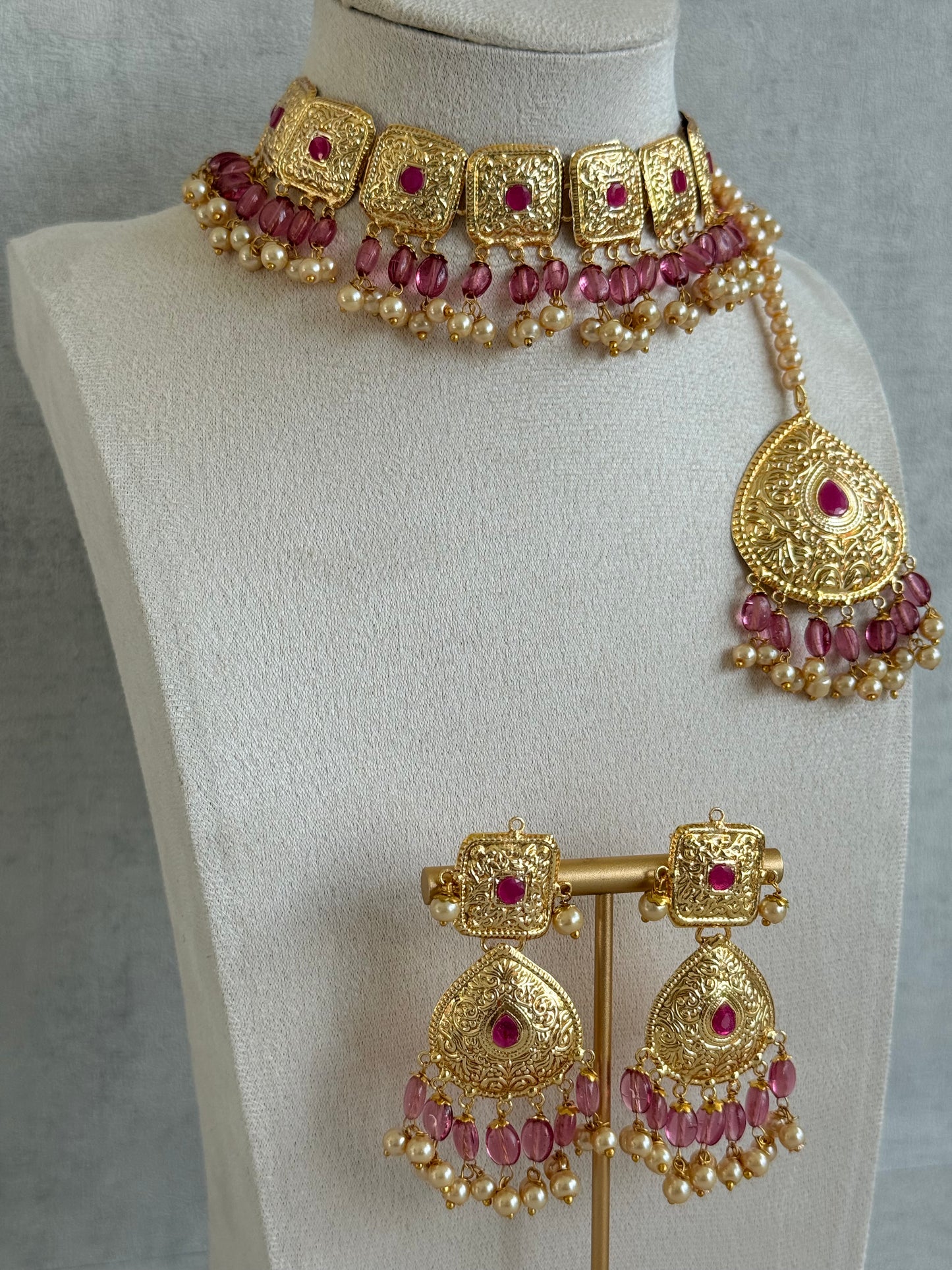 Ayura Designs Chetna Choker Set with Earrings & Tikka – Rani Pink Beads, Cream Pearl Drops with Pipal Patti Detailing