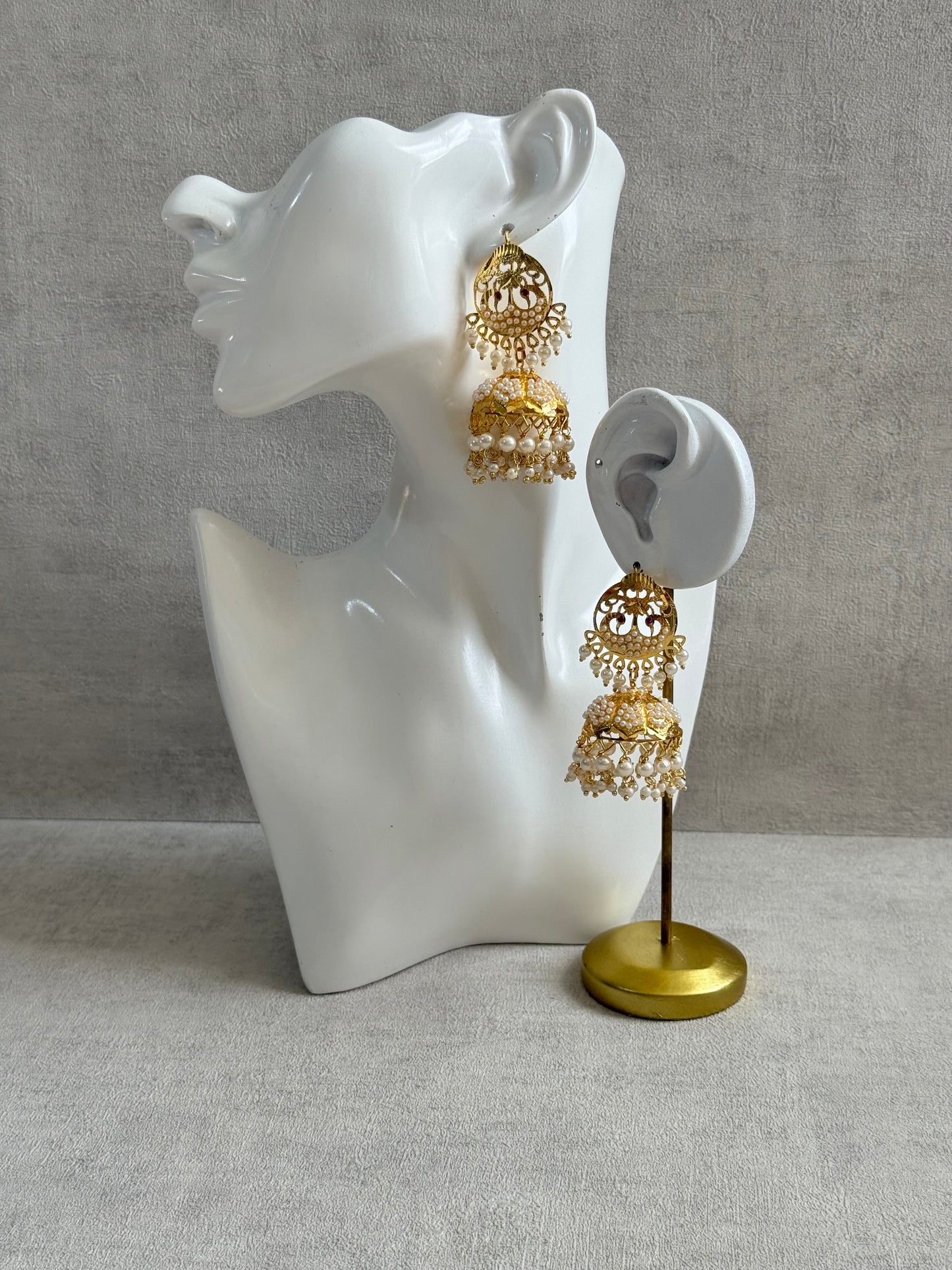 Ayura Designs Pannu Jhumkis – Pippal Patti Gold Jhumkis with Pearl Detailing