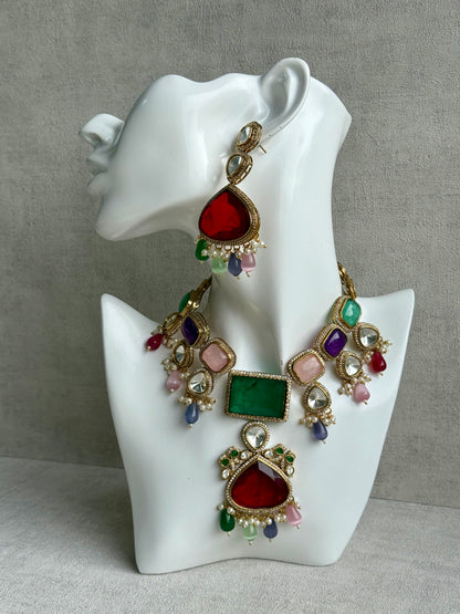 Ayura Designs Lara Set – Statement Multicolour Necklace, Earrings & Tikka with Ruby, Emerald & Pastel Beads
