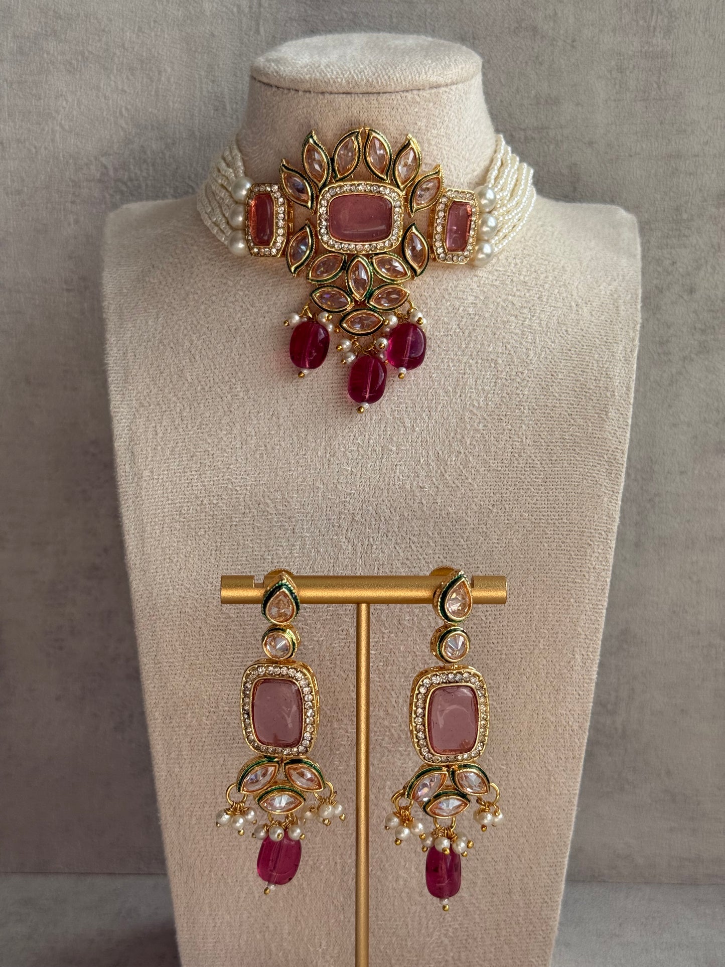 Ayura Designs Raaz Set with Necklace & Earrings – Berry Pink Stones, Kundan Detailing & Antique Gold Finish