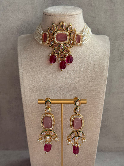 Ayura Designs Raaz Set with Necklace & Earrings – Berry Pink Stones, Kundan Detailing & Antique Gold Finish