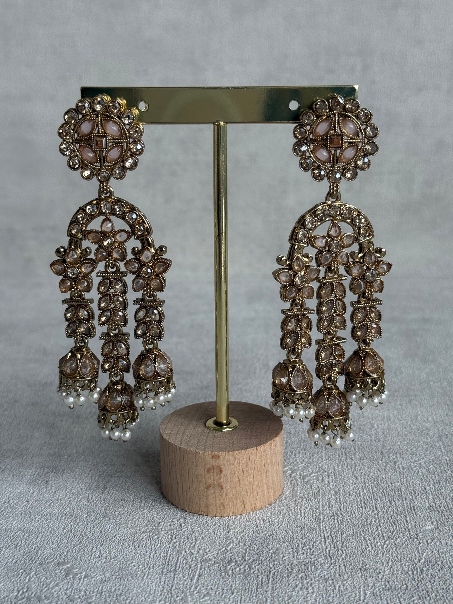 Ayura Designs Soraya Earrings – Blush Pink Stones, Champagne Crystals, Pearl Detailing & Gold Finish