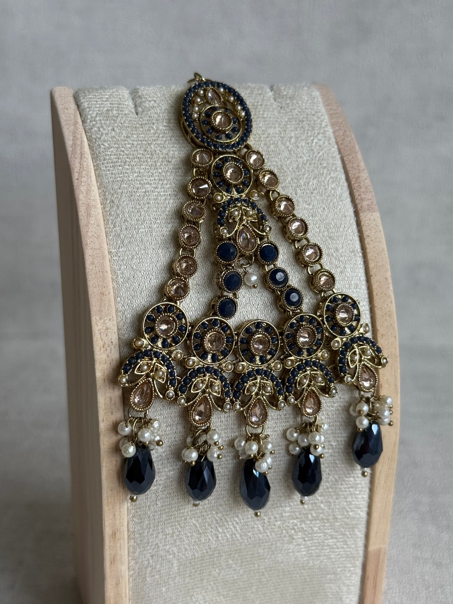 Ayura Designs Almas Tikka Set with Earrings, Tikka & Sahara – Midnight Blue Beads & Antique Gold Finish