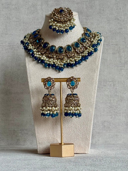 Ayura Designs Zubi Set with Jhumkis & Tikka – Deep Blue Stones, Pearl Detailing & Antique Gold Finish