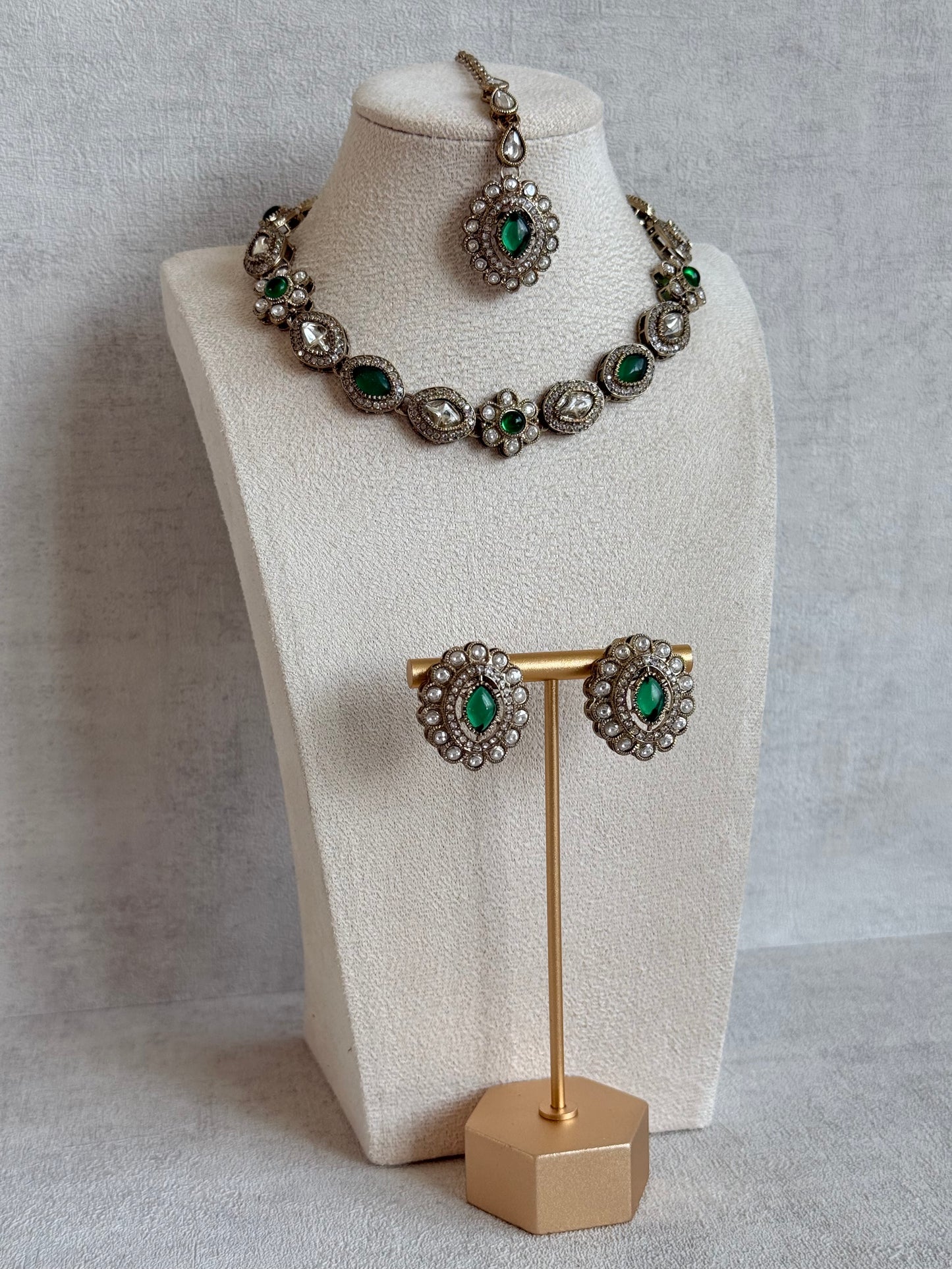 Ayura Designs Ivy Necklace Set with Studs & Tikka – Emerald Green Kundan Detailing
