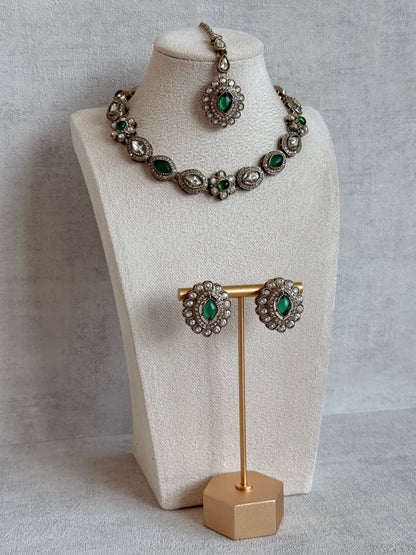 Ayura Designs Ivy Necklace Set with Studs & Tikka – Emerald Green Kundan Detailing
