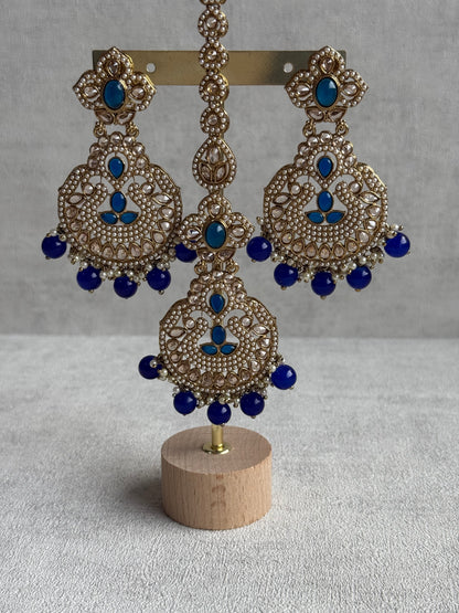 Ayura Designs Zarlish Set – Choker, Earrings & Tikka with Mirror-Cut Stones, Ink Blue Beads & Gold Finish