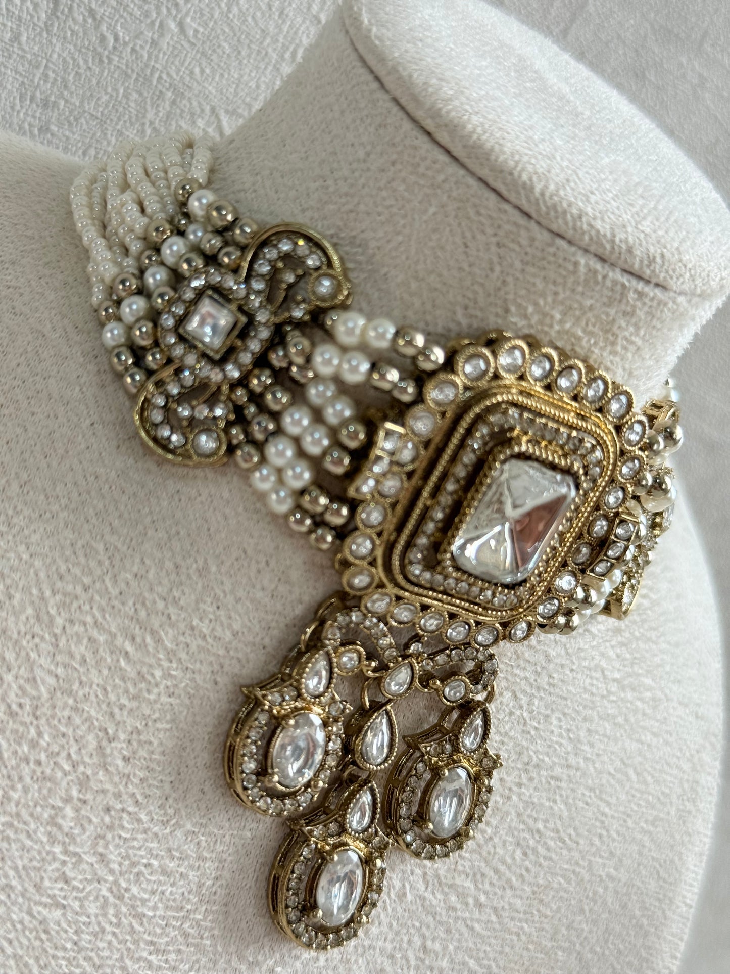 Ayura Designs Nabiha Choker Set with Studs – Ivory Pearl, Crystal Detailing & Gold Finish
