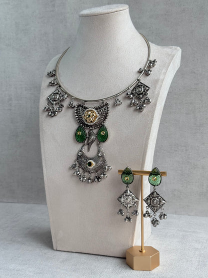 Ayura Designs Jiyana Collar Necklace Set – Leaf Green Carved Teardrop Stones & Oxidised Silver Finish