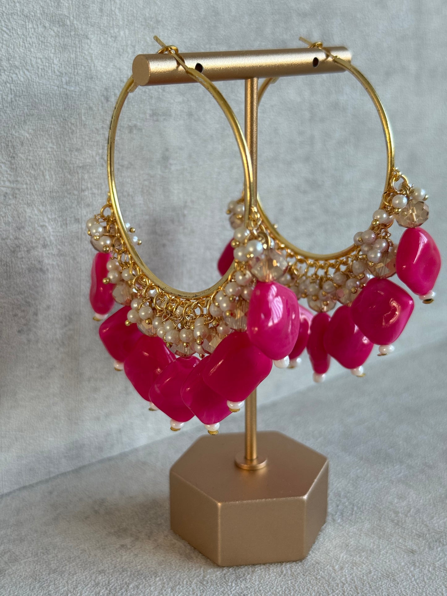 Ayura Designs Heer Balis – Gold Hoops with Hot Pink Marble Beads, Pearls & Crystal Detailing