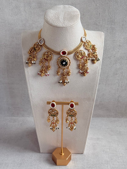 Ayura Designs Parchhai Necklace Set with Earrings – Ruby Red, Rose Pink & Emerald Green Stones, Bird Motifs & Pearl Detailing