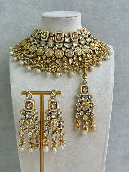 Ayura Designs Suhana Bridal Set with Necklace, Earrings & Tikka – Kundan Stones with Pearl Detailing in Antique Gold Finish