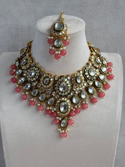 Ayura Designs Jashan Set with Necklace, Earrings, Tikka & Passa – Kundan Detailing, Pearl Drops & Blush Peach Beads