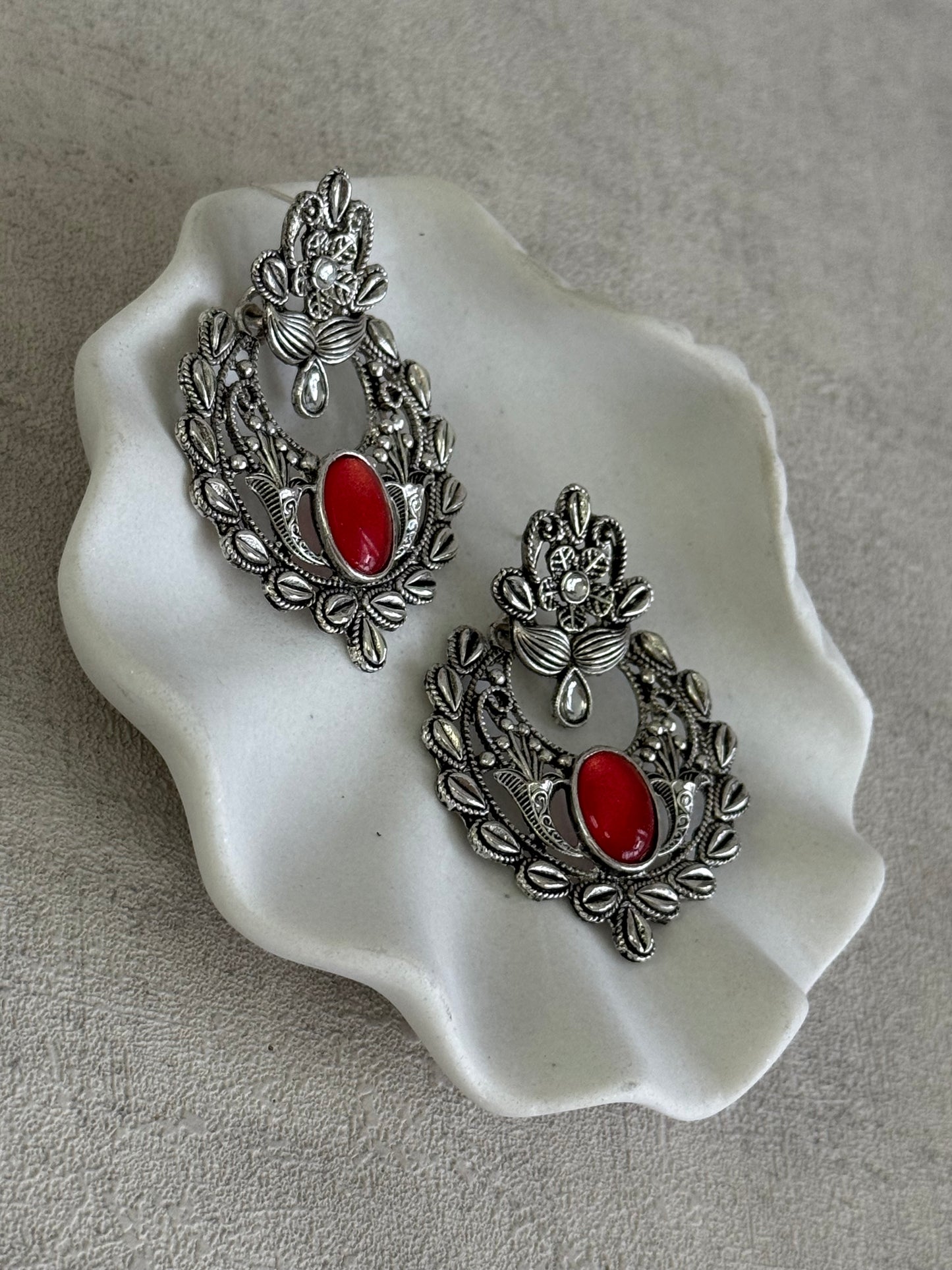 Ayura Designs Eila Earrings with Ruby Red Stone in Antique Silver Finish