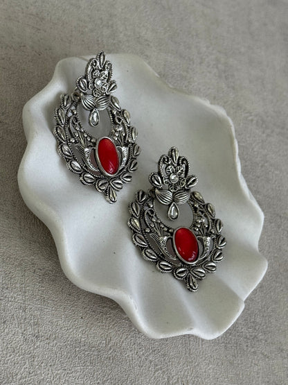 Ayura Designs Eila Earrings with Ruby Red Stone in Antique Silver Finish