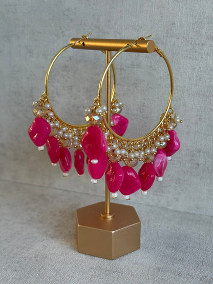 Ayura Designs Heer Balis – Gold Hoops with Hot Pink Marble Beads, Pearls & Crystal Detailing
