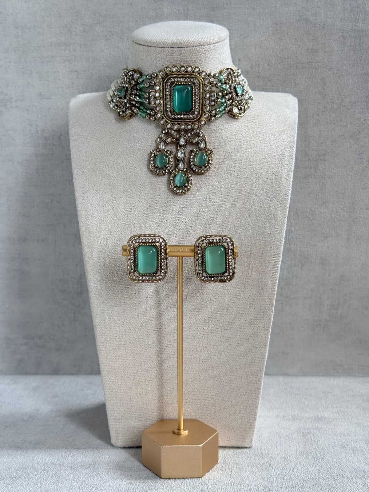 Ayura Designs Nabiha Choker Set with Studs – Aqua Green Stones, Pearl Detailing & Antique Gold Finish