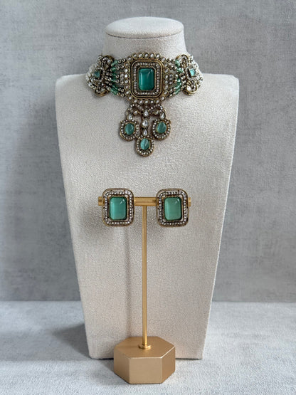 Ayura Designs Nabiha Choker Set with Studs – Aqua Green Stones, Pearl Detailing & Antique Gold Finish