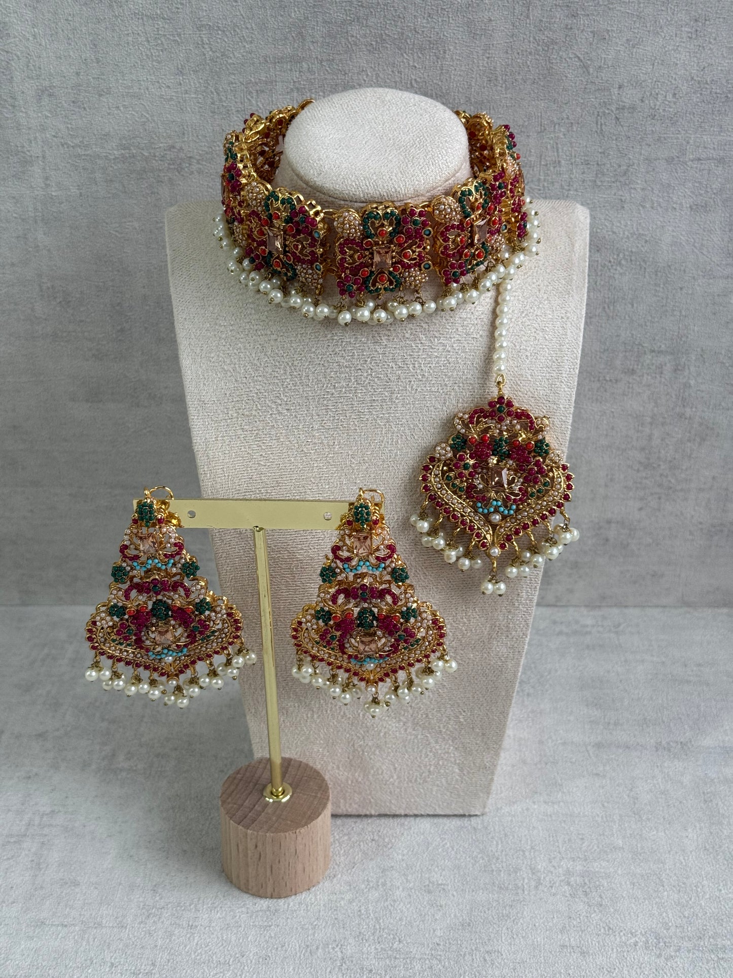Ayura Designs Mahnoor Navratan Choker Set with Earrings & Tikka – Antique Gold Finish, Multicolour Enamel & Pearl Detailing