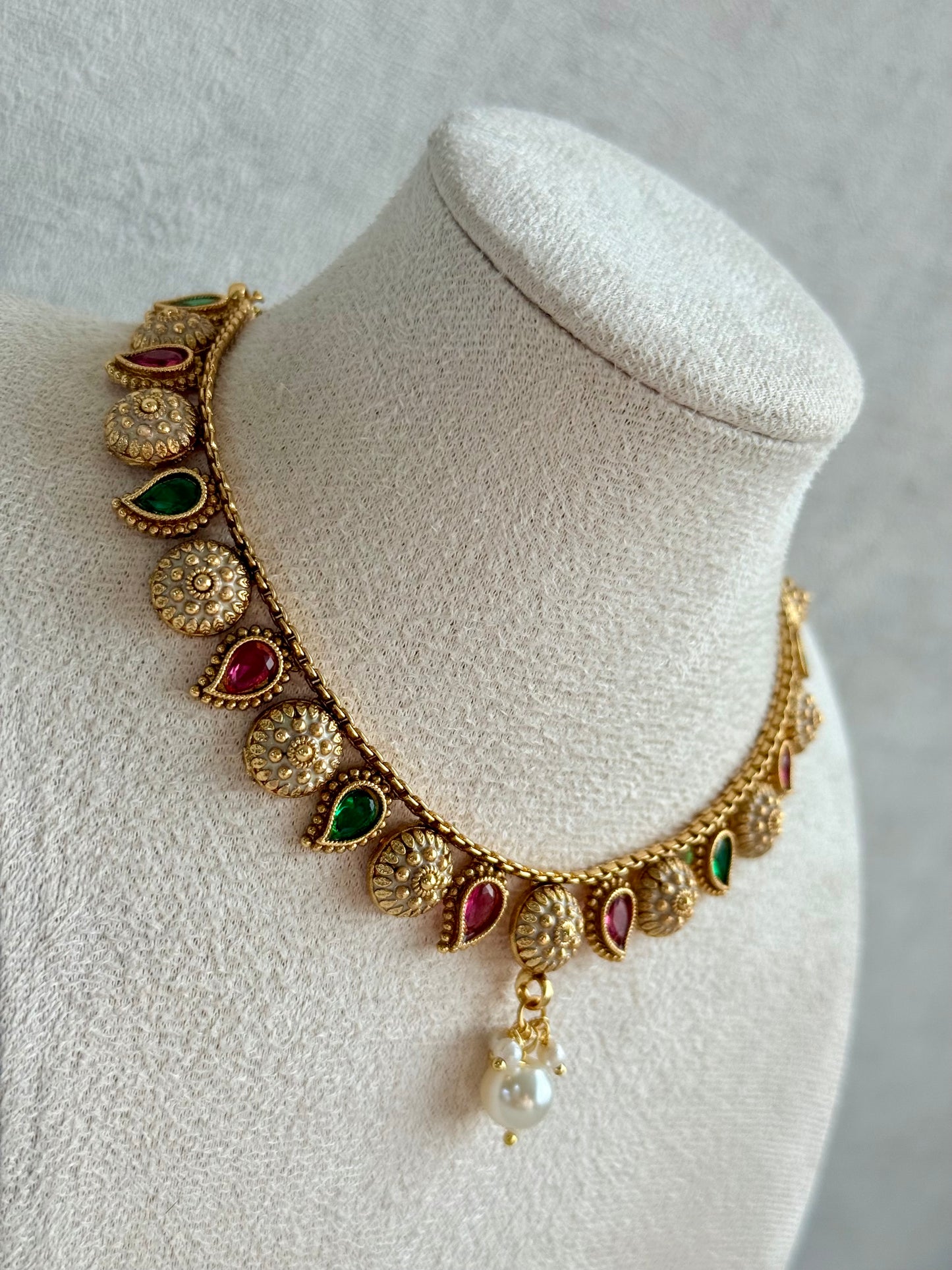 Ayura Designs Mayura Necklace Set with Earrings – Antique Gold Meenakari Motifs with Pearl Drop & Rani Pink and Emerald Green Stones