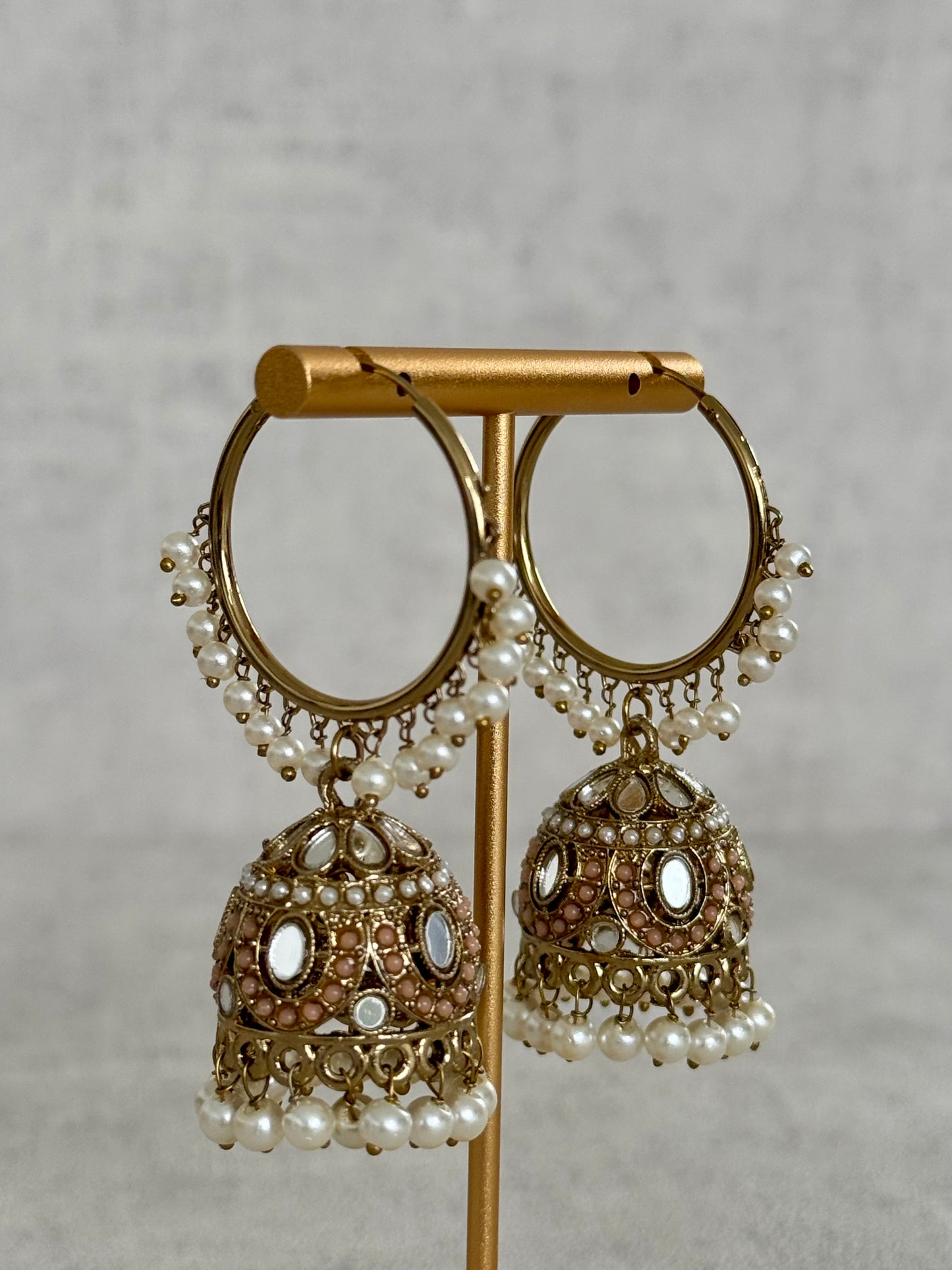 Ayura Designs Jugni Bali Jhumkas – Antique Gold with Mauve & Pearl Accents