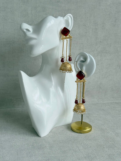 Ayura Designs Mahwina Jhumkis – Ruby Red Stones with Chain Drops & Pearl Detailing