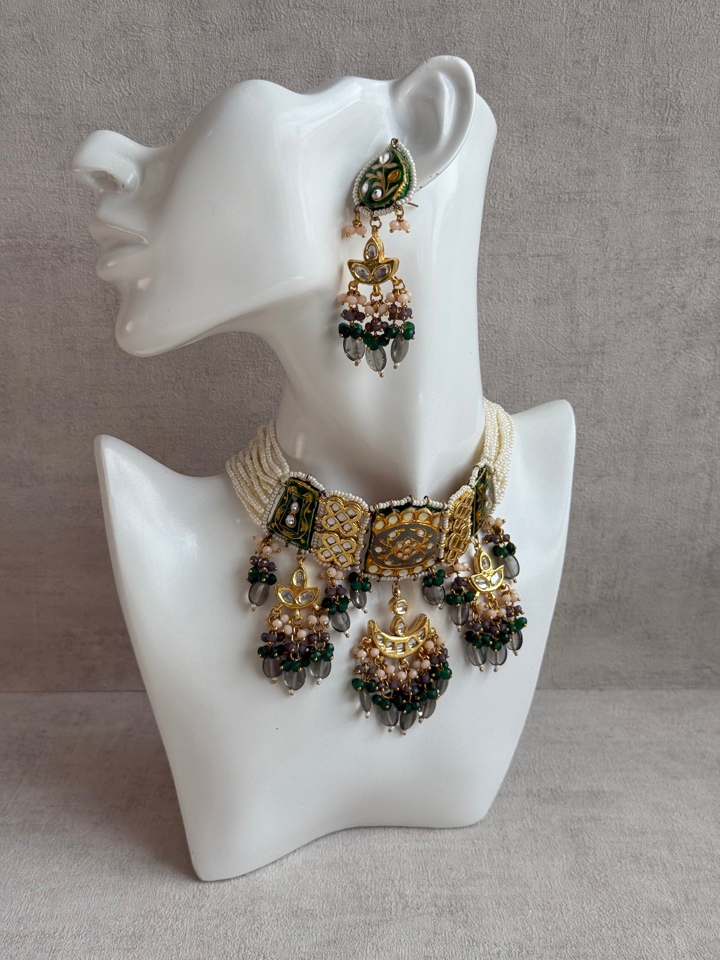 Ayura Designs Rehma Meenakari Kundan Choker Set with Earrings – Emerald Green & Pearl Bead Detailing