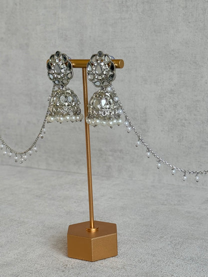 Ayura Designs Mira Jhumkis – Silver Mirror-Cut Earrings with Detachable Single-Layer Pearl Sahare