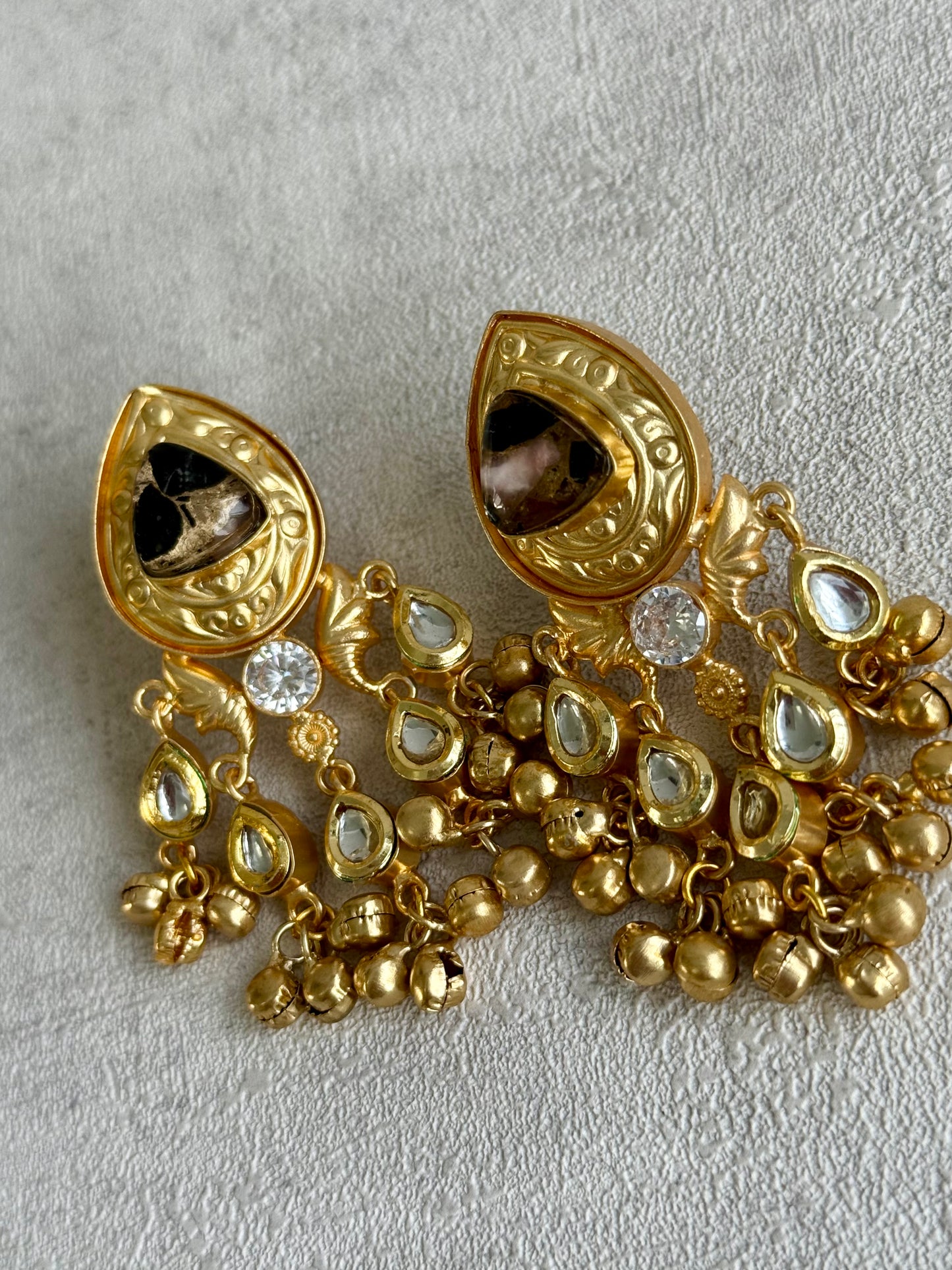Ayura Designs Arheer Earrings – Onyx & Bronze Marble with Kundan Detailing & Antique Gold Ghungroos