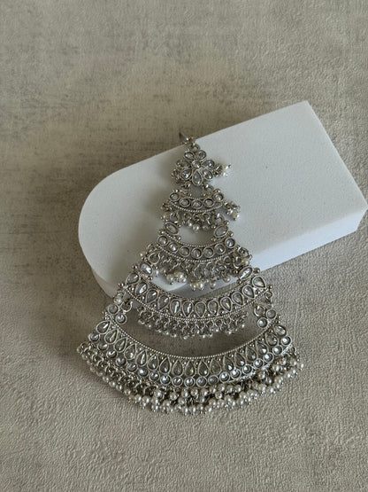 Ayura Designs Nia Jhoomar Passa – Antique Silver with Mirror-Cut Stones & Pearl Fringe Detailing