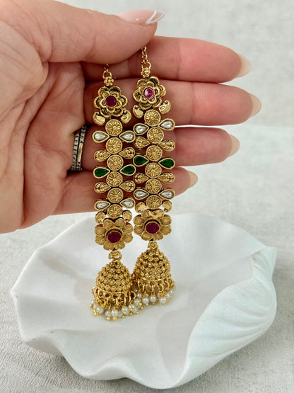 Ayura Designs Keerti Jhumkis – Antique Gold Kannauti Earrings with Ruby Pink & Emerald Green Stones, Mirror-Cut Detailing & Pearl Drops