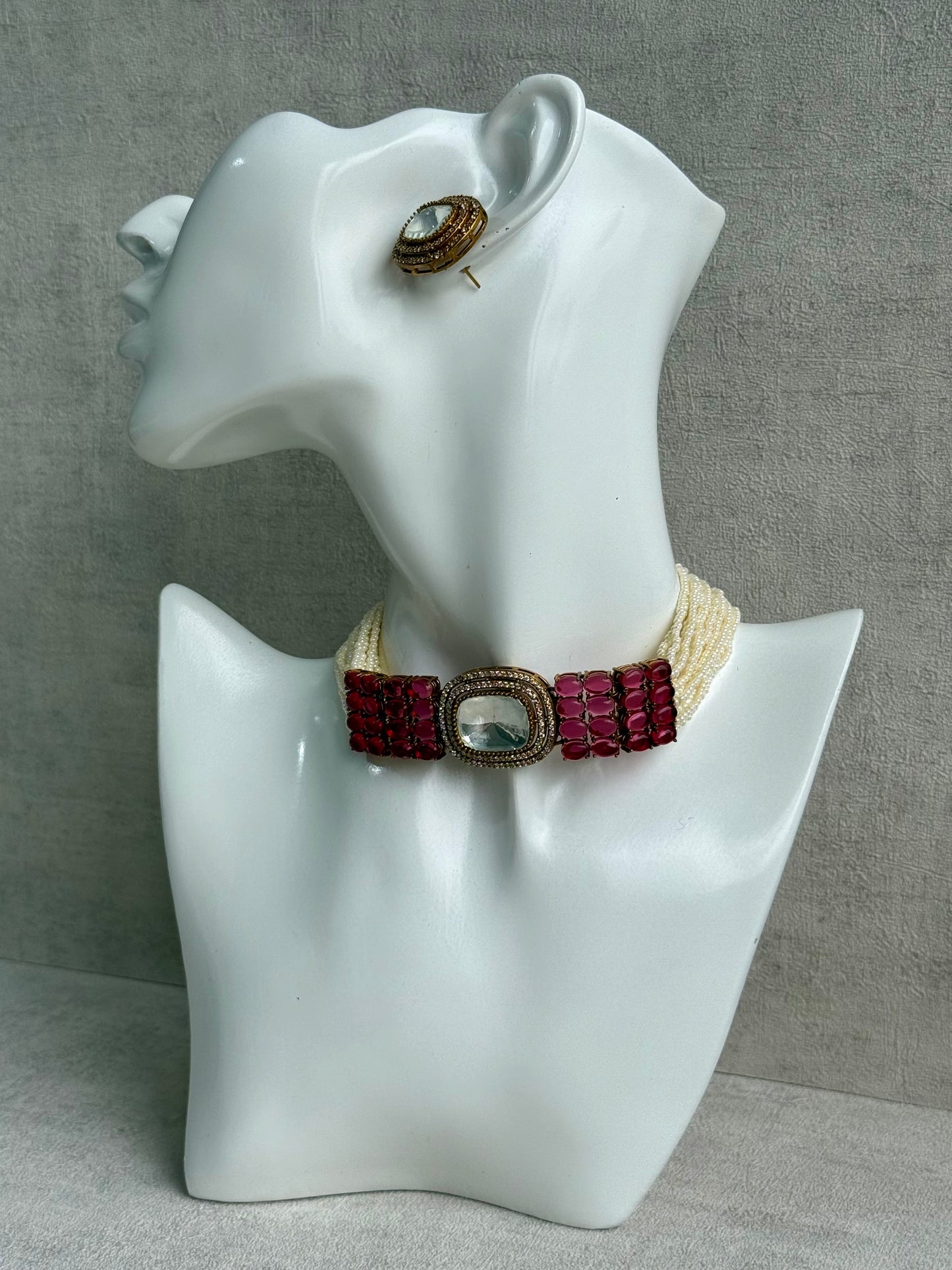 Ayura Designs Emma Choker Set – Ruby Fuchsia Gemstone Choker & Studs with Mirror-Cut Centrepiece, Pearl Strands & Crystal Borders