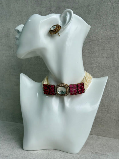 Ayura Designs Emma Choker Set – Ruby Fuchsia Gemstone Choker & Studs with Mirror-Cut Centrepiece, Pearl Strands & Crystal Borders