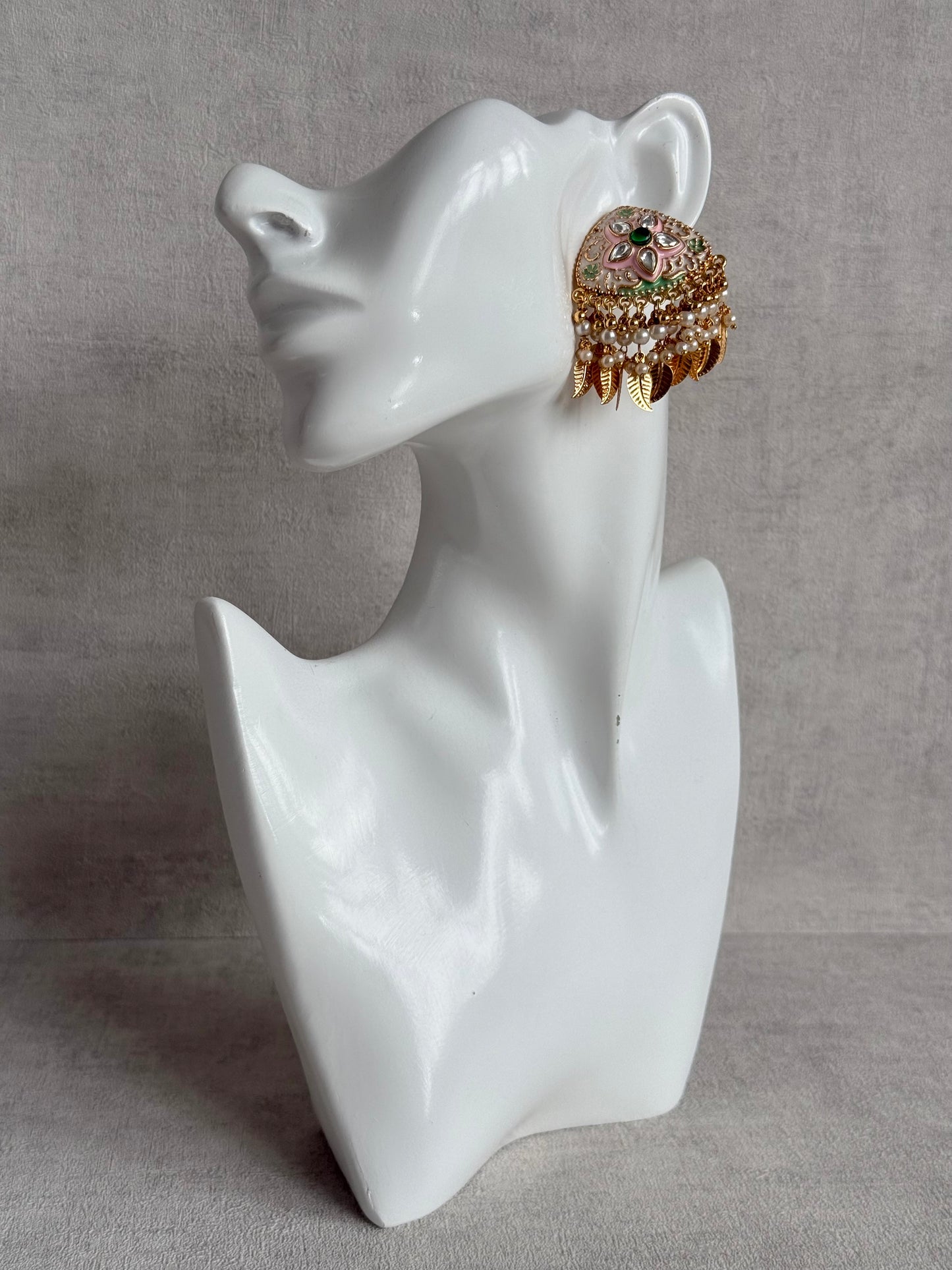 Ayura Designs Rozina Earrings – Floral Meenakari Earrings with Emerald Green Centre Stone, Pearl Clusters & Gold Leaf Charms